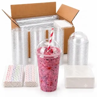 Generisch 100er Set Smoothiebecher 300 ml + Servietten + Strohhalmen mit Domdeckeln – Transparente Einwegbecher, To-Go Set für Smoothies, Milchshakes, Eiskaffee, Cocktails & Desserts