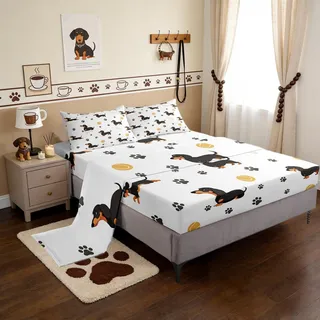 Castle Fairy Süßes Dackel-Hunde-Bettlaken-Set, Doppelbett, Ballknochen, Pfotenabdruck-Spannbetttuch + 1 Flach + 1 Kissenbezug, Haustier-Themen-Bett-Matratzenbezug für Kinder, Jungen,