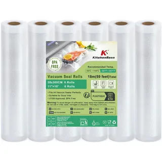 KitchenBoss Vakuumierbeutel 6 Rollen Vakuumierfolie:28x300cm Profi-Folienrollen für Vakuumiergerät & Sous Vide, Vakuumbeutel für Lebensmittel Reißfest und Kochfest