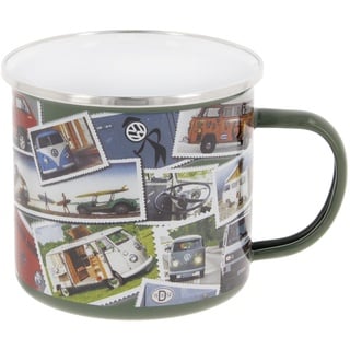 BRISA VW Collection - Volkswagen Große Emaille Kaffee-Tee-Tasse-Becher-Haferl für Camping & Outdoor T1-T3 Bus (500 ml/Stamps/Bunt)