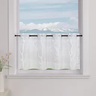 Delien Voile Scheibengardine mit Ösen Bistrogardinen Landhaus für Küche Transparente Kurzstores Modern Gardine »Zweig« Klein Fenster Kurz Vorhang BxH 120x30cm,Weiß