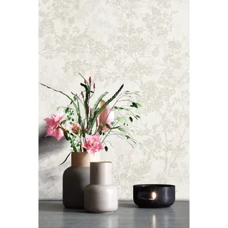 Newroom Vliestapete Creme Blumentapete Floral Landhaus Wohnzimmer | Zarte Blütenzweige mit leichtem Glanz, leinenartige Struktur, Vintage Romantik, Mustertapete für Schlafzimmer und Flur
