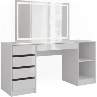 Vicco Schminktisch Sherry, 158.2 cm mit LED-Spiegel, Weiß/Weiß Hochglanz - Weiß