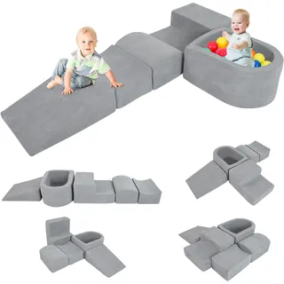 Fantask 5-teilige Schaumstoffbausteine XXL, Riesen Kletterblöcke mit Bällebad, Großbausteine zum Toben & Klettern, Soft Spielbausteine für Zuhause, Kinderzimmer & Spielzimmer (Grau, Cordstoff)