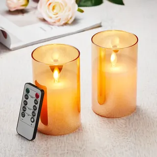 LED Kerzen【2 Stück】, Flammenlose Kerzen Flackern, LED Kerzen Flackernde Flamme mit Glas, LED Kerzen mit Fernbedienung, Echtwachssäule Kerzen, Batteriebetriebene Kerzen mit 24 Stunden Timer(10cm-Braun)