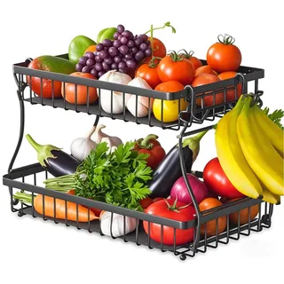 JLLYGOUS Obstkorb 2 Etagen mit 4 Bananen Aufhängern Obst Etagere für Küchen obstaufbewahrung Schwarz 2025