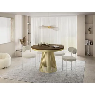 Esstisch Rund Ausziehbar mit Lamellen im Loft-Stil – 100 bis 180 cm – Industrieller Tisch mit Metallbeinen in Gold, Platzsparend für Wohnzimmer oder Esszimmer – Eiche Braun Rustikal - Dunkelbraun