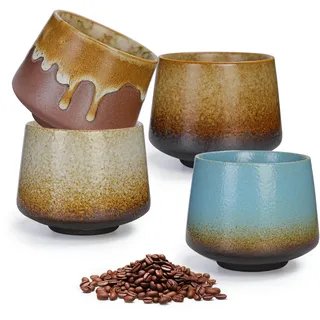 Espressotassen Set 4-Teilig: 200ml Retro Tassen aus Steingut, Handgefertigt Porzellan Kaffeetassen, Kleine Espressotassen, Espressotasse Dickwandig für Espresso, Mokka, Macchiato, Tee