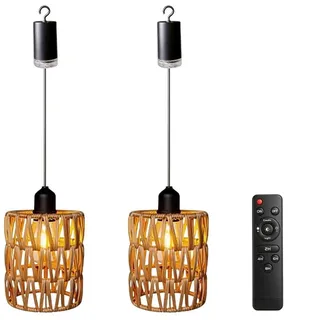 SGZIOO 2 Stück Rattan Hängelampe mit Batterie, Hängeleuchte Rattan mit Fernbedienung, Dimmbar, Timer, E27 Pendelleuchte Boho, Lampenschirm Korb für Innen Außen, Ohne Stromanschluss