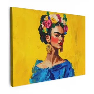 MuchoWow Leinwandbild Frida Kahlo - Frau - Gelb - Blau - Blumen Wandbilder 80x60 cm , Textil , Kiefer , Abstrakt , Rechteckig , 80x60 cm , FSC 100% , gerahmt , Bilder & Rahmen, Bilder, Leinwandbilder