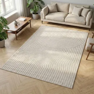 Carpetsale24 Kurzflor Teppich 280x370 cm XXL Creme Wohnzimmer, Schlafzimmer, Küche, 3D Hoch-Tief-Effekt, Skandinavisch Boho Motiv, für Outdoor Bereich geeignet Terrassen oder im Balkon