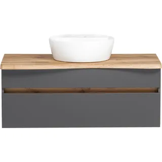 Waschtisch 101 cm inkl. Keramik-Aufsatzbecken VIDAGO-03 in graphit mit Abdeckplatte Baumkante, B/H/T: ca. 101/55/52 cm - Grau