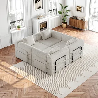 Ball & Cast Bodensofa, Umwandelbarer 2-in-1 Sofa Bett, Chenille Klappsofa mit Armlehne für Schlafzimmer Wohnzimmer, Khaki, 4 Sitze