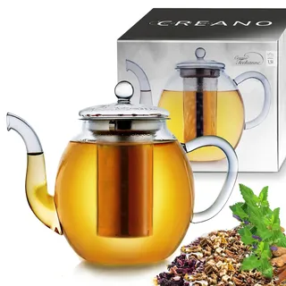 Creano Teekanne aus Glas 1,5l mit Edelstahl-Filter - Glasteekanne mit Edelstahl-Sieb und Glas-Deckel - Dobin-Teekanne Ideal zur Zubereitung von Losen Tees - tropffrei