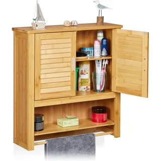 Relaxdays Hängeschrank LAMELL Bambus, mit Handtuchhalter, 3 Ablagen, 2 Türen, Badschrank, HBT: 66 x 62 x 20 cm, natur, 20x62x66 cm