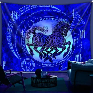 Arsey Wandteppich Schwarzlicht UV Wandteppiche, Wikinger Runen Wandtuch mit Odin Pferd Motiv für Party & Geburtstagsdeko, Psychedelic Hippie, Pferdeliebhaber Geschenk, Blau, 200 x 150 cm