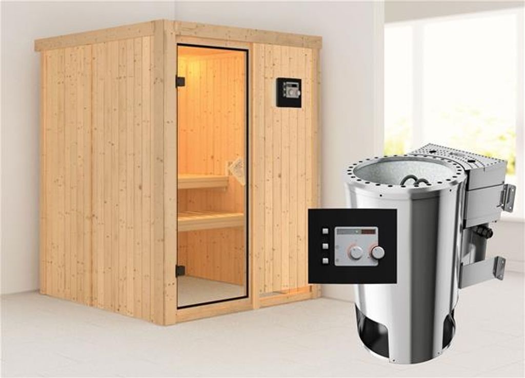 Bild von Sauna Minja 68mm 230V Bioofen-Steuerg.-Ohne Dachkranz, inkl. 9-teiligem gratis Zubehörpaket (Gesamtwert 271,91€)