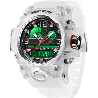 findtime Militär Große Armbanduhr Herren Uhren Analog Digitaluhr 5 ATM wasserdichte Outdoor Taktische Sportuhr mit Wecker Datum 12/24H LED Stoppuhr für Männer Jungen Silikonband Weiß