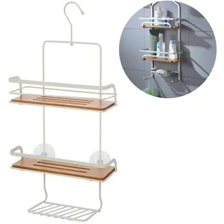 Avilia Badezimmerregal ohne Bohren aus Stahl und Bambus, 3 Ablagen – platzsparend, ideal für Seife, Shampoo, Duschgel | Einfache Montage, Weiß und Braun