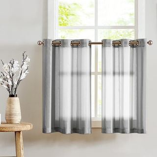 TOPICK Voile Scheibengardinen mit Ösen Transparent Bistrogardine Landhaus Streifen Voile Küchenvorhang Gestreift Küchengardinen Paarig für Badezimmer Klein Fenster Dekor 90x60cm(BxH) Grau 2er Set