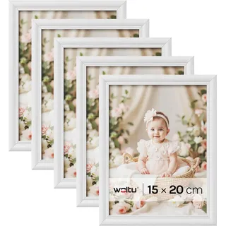 WOLTU Bilderrahmen 15x20cm 5er Set Fotorahmen Holzrahmen mit Passepartout, zum vertikalen oder horizontalen Aufhängen/Aufstellen, Posterrahmen Collage Wanddeko, Weiß
