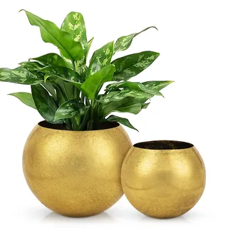 Oairse 2er Set Übertopf Gold Blumentöpfe Runde aus Verzinktem Stahl Pflanzkübel in Kugelform Moderne Dekorativen Zink Töpfen Drinnen und Draußen, Durchmesser13cm+10.5cm