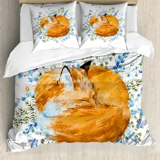 ABAKUHAUS Fuchs Bettbezug Set, Schlafender Fox in der Aquarell-Hand gezeichneten frischen Blumen-Grafik der wilden Blumen, 200 x 200 cm + 80 x 80 cm, Orange Blue Olivgrün