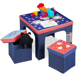 Relaxdays Sitzgruppe Kinder, faltbar, Kindertisch, Sitzhocker mit Stauraum, Sitzgelegenheit Kinderzimmer, Fische, blau, 48,00 x 59,50 x 59,50cm