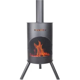 BonFeu BonTon 60 Schwarz - Terrassenofen - Feuerstelle mit Funkenschutz für entspannte Abende  - Feuersäule Outdoor - Terrassenkamin mit Grillrost - Gartenofen aus hochwertigem Cortenstahl - L 60 x B 60 x H 198 cm - Schwarz