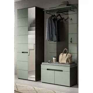 Garderobe Set 3-teilig "Cooper" in Salbei und Grau 160 cm, Soft-Close und inklusive Sitzkissen - Grün, Grau