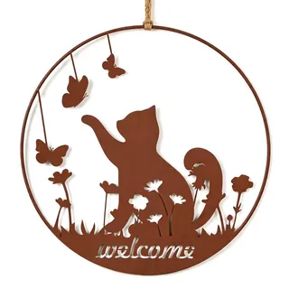 Willkommen Schild Türkranz Herbst Außen aus Metall Katze Wanddeko 30 cm | Herbstkranz Haustür Rostoptik Ganzjährig Türschild für Eingang, Balkon, Fenster & Garten, Geschenk Katzenliebhaber