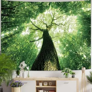 Unyqoos® Wandteppich 200×200 cm – große Tapisserie mit Waldlandschaft, 100% Polyester, vielseitig als Wanddeko, Strand‐ & Picknickdecke, inkl. Aufhängehaken - Grün