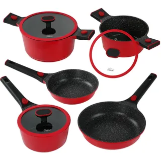 STONELINE SMART Pfannen Töpfe Set 8-teilig ☆ REDESIGN 25/26 ☆ Aluguss Topfset mit Deckel, Abnehmbarer Griff, Kochtopf Pfanne Induktion, Alle Herdarten, Antihaftbeschichtet Echte Steinpartikel, Rot