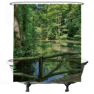 Ulticool Duschvorhang - Natur Bridge Wasser Bäume - 180 x 200 cm - waschbar - Anti Schimmel - mit 12 Ringen - Grün