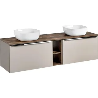 Waschtischunterschrank Set 180cm in taupe mit Vintage Eiche PUEBLA-56-TAUPE 2 Keramikbecken, 2 Softclose-Schubkästen, Regal, B/H/T 180,4/62,5/46 cm - Beige