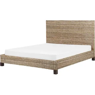 BELIANI Bett Natürlich Rattan und Mahagoniholz mit Lattenrost 160 x 200 cm Hohes Kopfteil Boho Doppelbett Schlafzimmer Ausstattung Möbel - Beige, Braun
