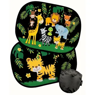 HECKBO 2X Auto Sonnenblende mit 8 Saugnäpfen - Dschungel Tiere Motiv - 44x36cm - Auto Fenster Seitenfenster Sonnenschutz Autosonnenblende Seitenscheibe - mit Tasche - für Baby Kinder Mädchen Jungen