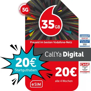 Vodafone Prepaid CallYa Digital eSIM | 35 GB | 20 EUR Startguthaben | ohne Vertrag | 5G-Netz | Telefon- SMS-Flat | EU-Roaming