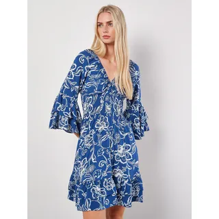 Minikleid APRICOT "Smok-Minikleid", Damen, Gr. XL (42), N-Gr, blau, gewebt, Obermaterial: 100% Viskose CV., gemustert, figurbetont, V-Ausschnitt, Trompetenärmel, Kleider Minikleid, mit Trompetenärmeln