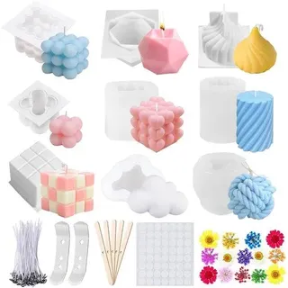 Unyqoos® 9‐teiliges DIY‐Kerzen‐Set – 3D Silikonformen (versch. Designs 5,5–8,6 cm), 100 Baumwoll‐Lonten, 2 Metallhalter, 5 Rührstäbchen, 56 Klebepunkte, Trockenblüten