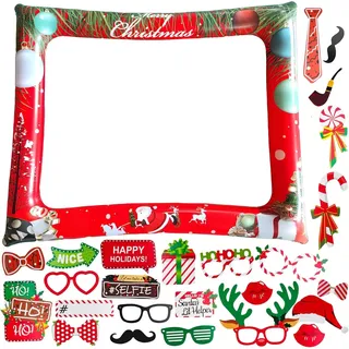 BlueXP Foto Requisiten Weihnachten Set mit Aufblasbarem Bilderrahmen 38 Stück Lustige Weihnachtsmann Selfie Party Props Weihnachtsdeko für Kinder Erwachsene Familie Fotobox Zubehör