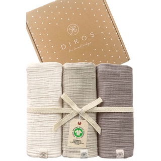 Baby Mulltücher 3er SET warmes grau, taupe, creme gekreppt 64x64cm | 100% GOTS BIO-Baumwolle | Musselin Mulltuch Spucktuch Junge Mädchen Mullwindeln | Neugeborenen Erstausstattung Geschenk zur Geburt