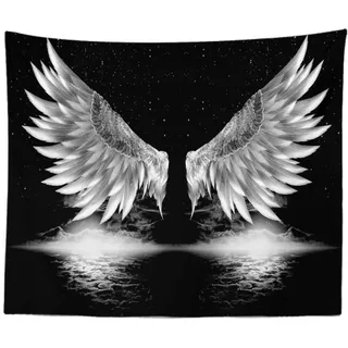Schwarz Weiß Wandteppich Wandbehang, Ästhetische Trippy Boho Psychedelische Lustige Hippie-Wandteppich Angel Wings Art Decor für Schlafzimmer Wohnzimmer College Wohnheim (230×180 cm (92×72 inch))