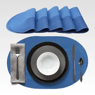 agyo Set mit 6 ovalen Tischsets geflochten 44 × 29,5 cm – Placemat aus PP hellblau, rutschfest, waschbar und rollbar – elegant für Tisch, Küche, Outdoor