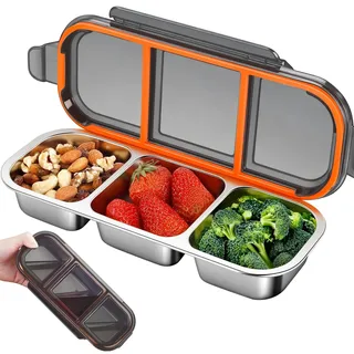 Sauntere Brotdose Edelstahl Kinder mit 3 Fächern, 26,2×10,3×4 cm Snack Box Bento Box Edelstahl Brotdose Metall mit Deckel, Lunchbox Auslaufsicher für Schule Büro Camping