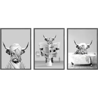 3er Set Poster Hochlandkuh Badezimmer Poster,Bilder von Geld Orang Utans und Affen,Tier Schwarz Weiß Wand Kunst Drucke,Rahmenlos (Poster-02,3Pcs-30x40cm)
