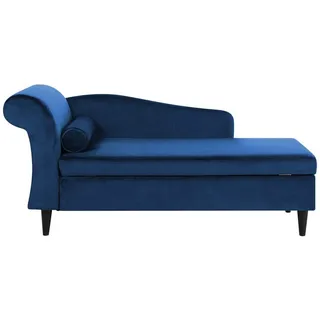 Beliani Chaiselongue Linksseitig Marineblau Samt mit Armlehne Stauraum und Nackenrolle Dunkle Holzfüße Hohe Lehne Retro-Design Wohnzimmer Liegesofa - Blau, Braun