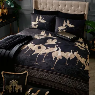 Laurence Llewelyn-Bowen Bettwäsche-Set für King-Size-Betten (220 x 230 cm), orientalischer Kranich-Vogel-Tierdruck, schwarzes Luxus-Bettwäsche-Design, Kireina-Kollektion, Schwarz/Goldfarben