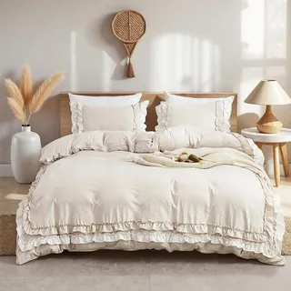 Sedefen Bettwäsche Rüschen 155x220cm Beige Weiß Romantische Rüschenbettwäsche Set Weich Mikrofaser Bettbezug Uni Einfarbig Mädchen Bettwaren-Sets mit Reißverschluss und 1 Kissenbezug 80 x80 cm