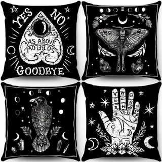Arzoe Gothic-Kissenbezüge, 45,7 x 45,7 cm, Vintage-Stil, geheimnisvolle Hexen-Dekoration, für Wohnzimmer, Tattoos wie Oben, Krähe, Motte